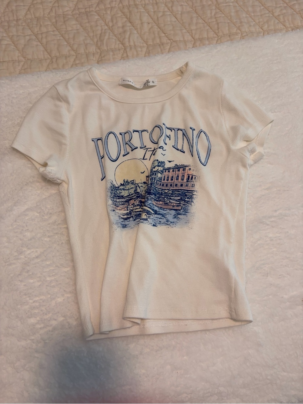 Portofino Graphic Ribbed Tee - Cream with Blue Print